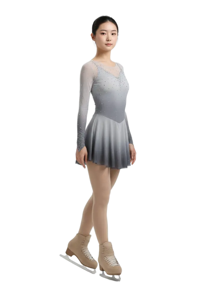 Smoky grey figure skating dress, side view
