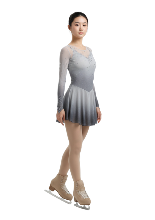 Smoky grey figure skating dress, front view