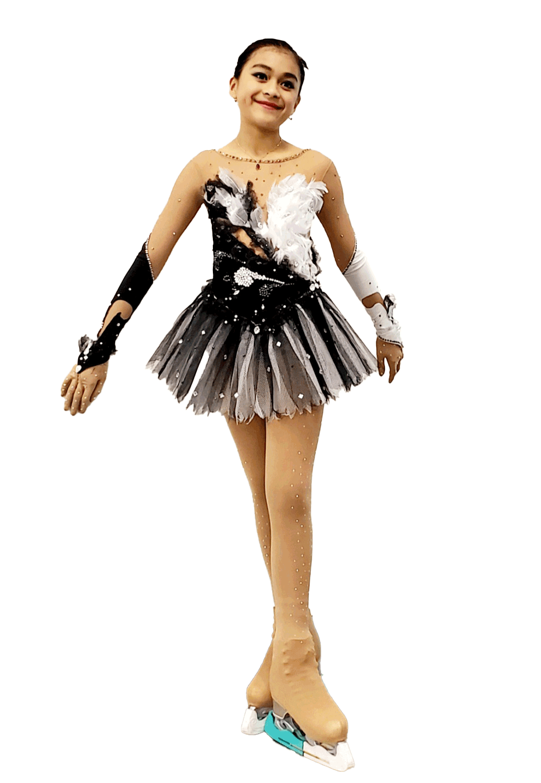 Lexine black and white feathered Black Swan custom figure skating dress with tutu skirt