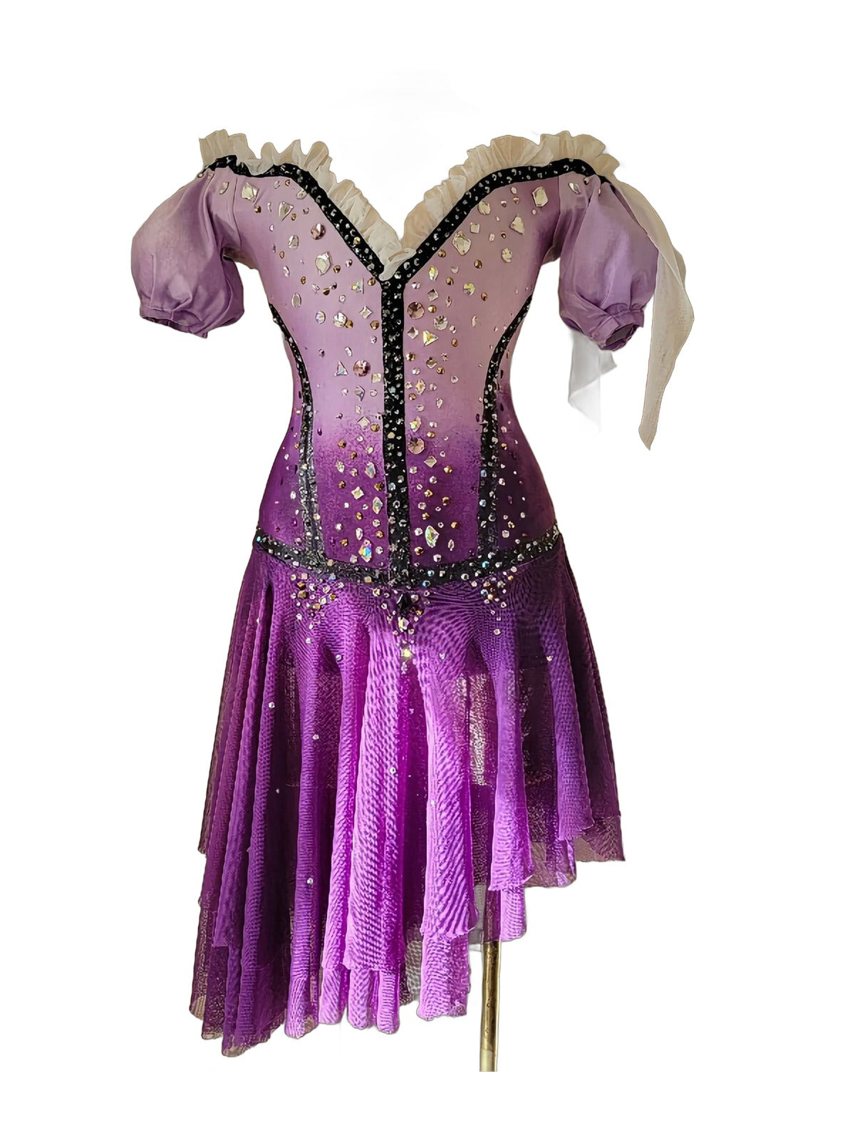 Purple ombré rhinestone figure skating dress — front detail view