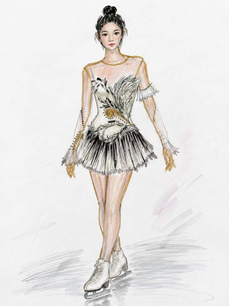 Cream and gold feather bodice figure skating competition dress design concept — Lexinie Sport