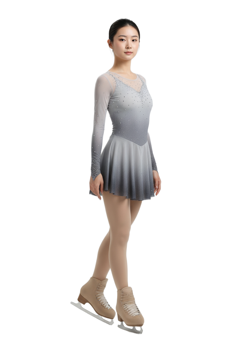 Smoky grey figure skating dress, front view