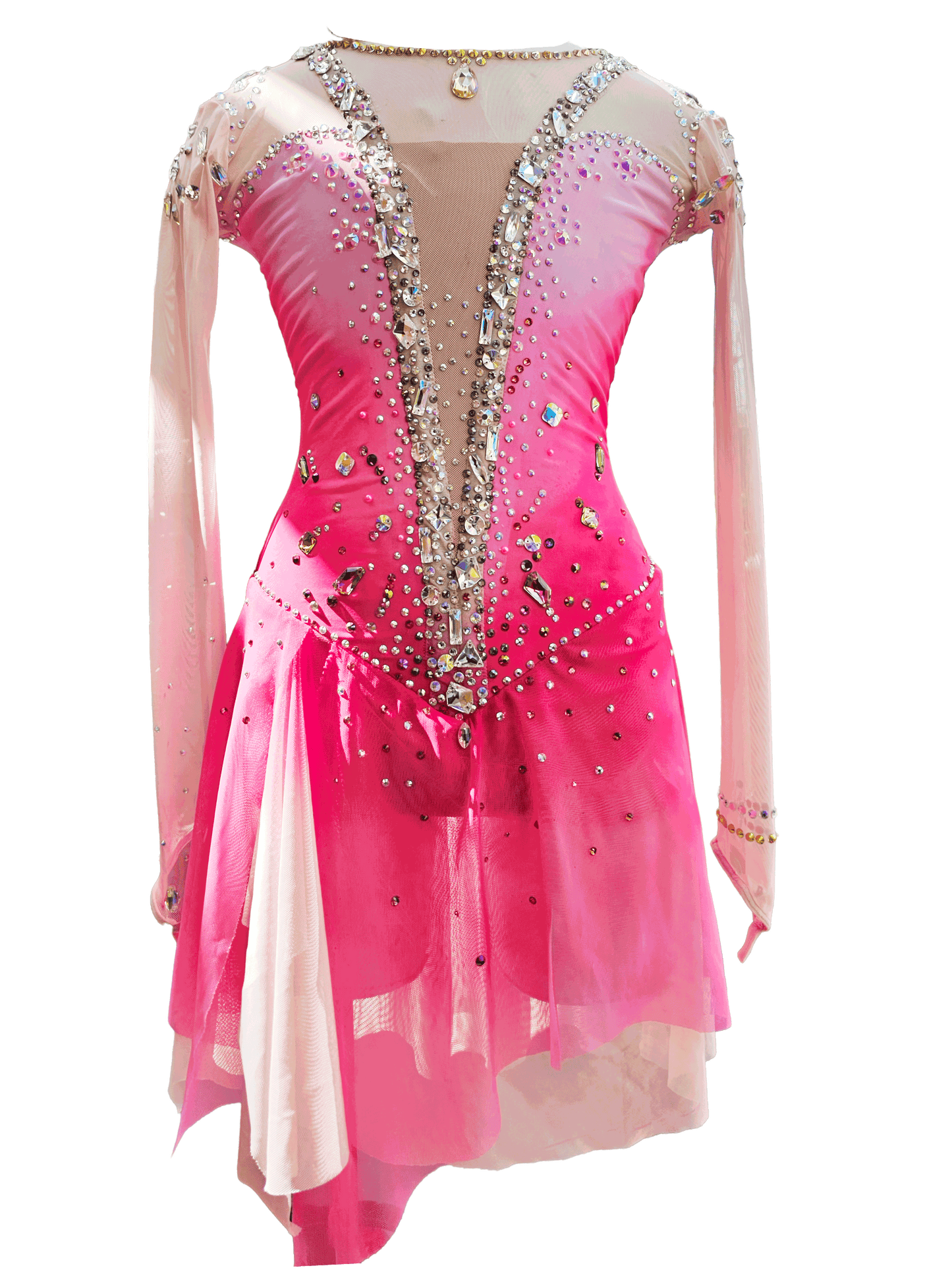 Bernice pink crystal ombré custom figure skating dress with illusion mesh and floating skirt
