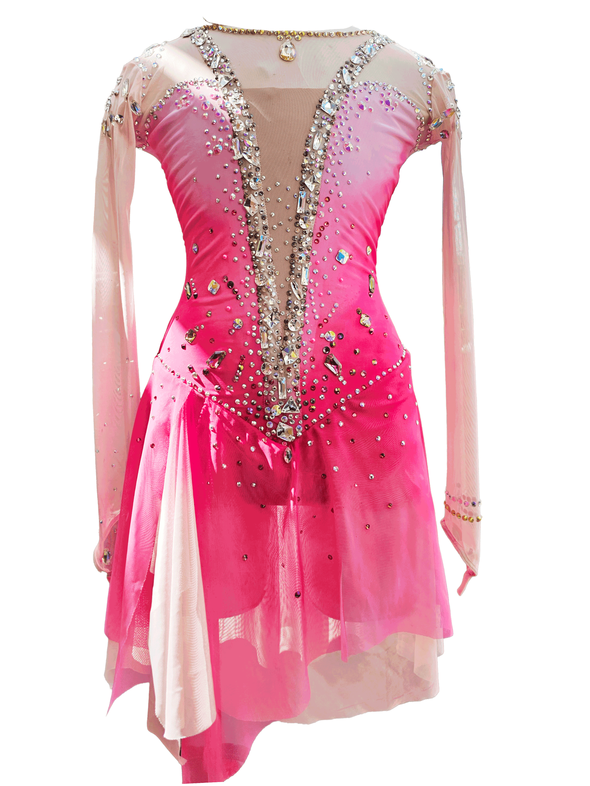 Bernice pink crystal ombré custom figure skating dress with illusion mesh and floating skirt