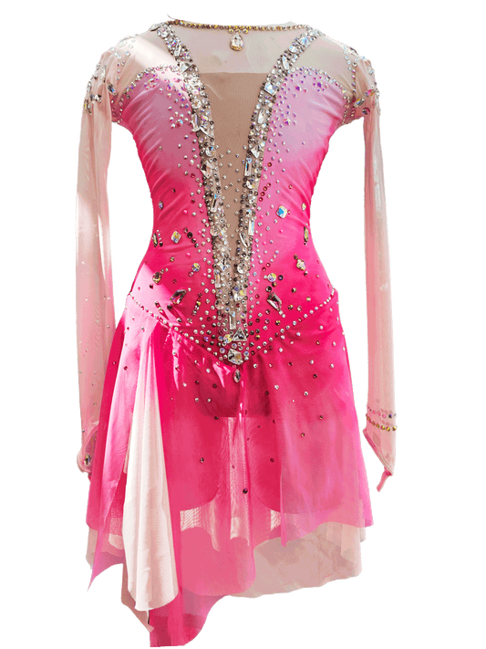 Bernice pink crystal ombré custom figure skating dress with illusion mesh and floating skirt