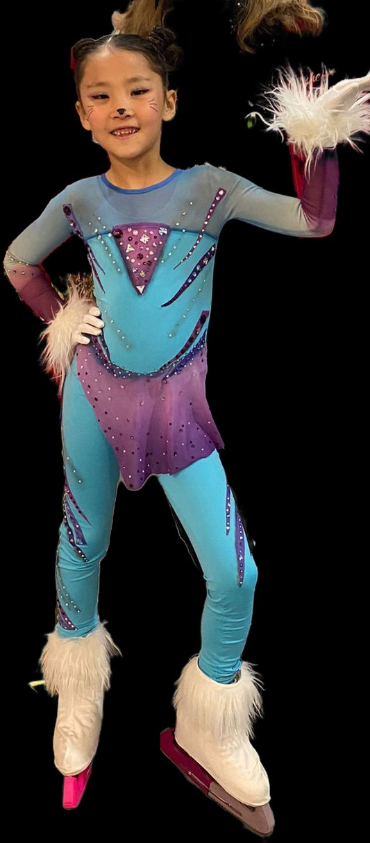 Teal and purple childrens ice skating show costume with feathers and rhinestones