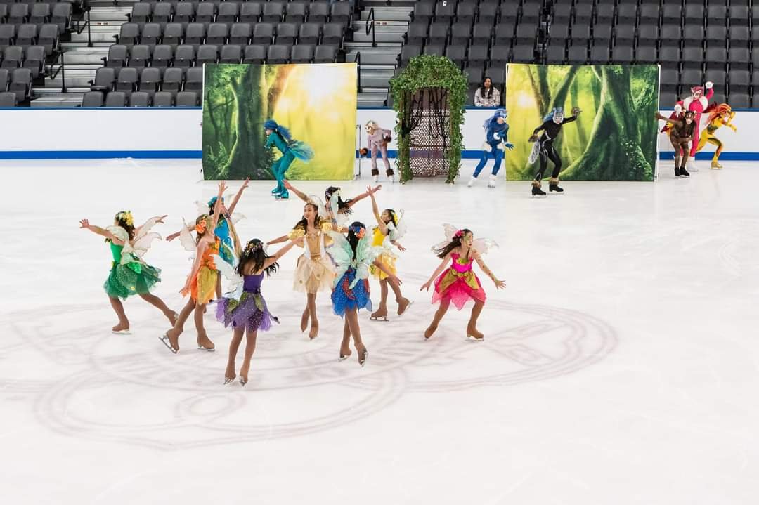 Colorful fairy and forest themed ice skating show costumes group performance