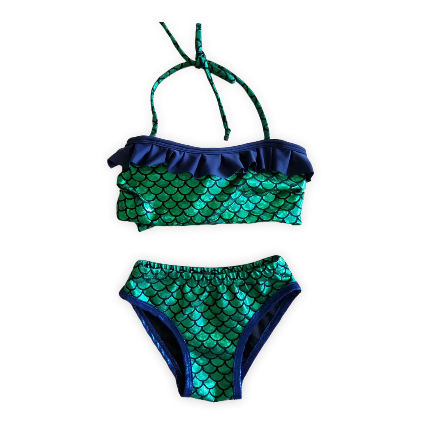 Green fish scales iridescent girls bikini mermaid-inspired kids two-piece swimsuit by Lexinie Sport