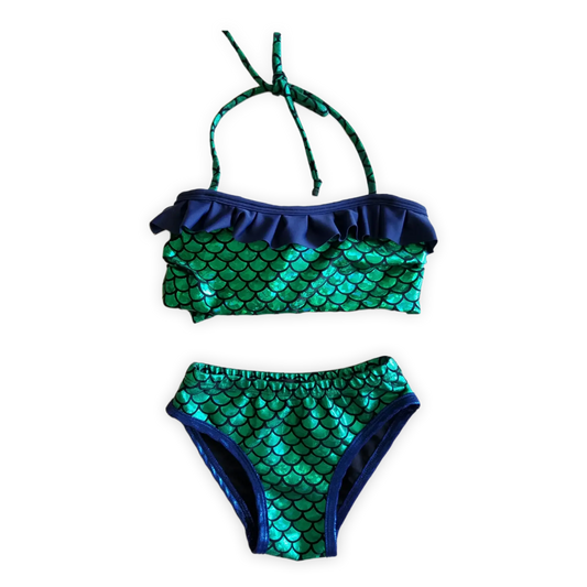 Green fish scales iridescent girls bikini mermaid-inspired kids two-piece swimsuit by Lexinie Sport