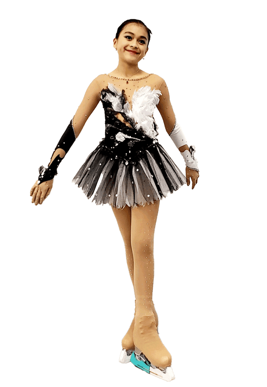 Lexine black and white feathered Black Swan custom figure skating dress with tutu skirt