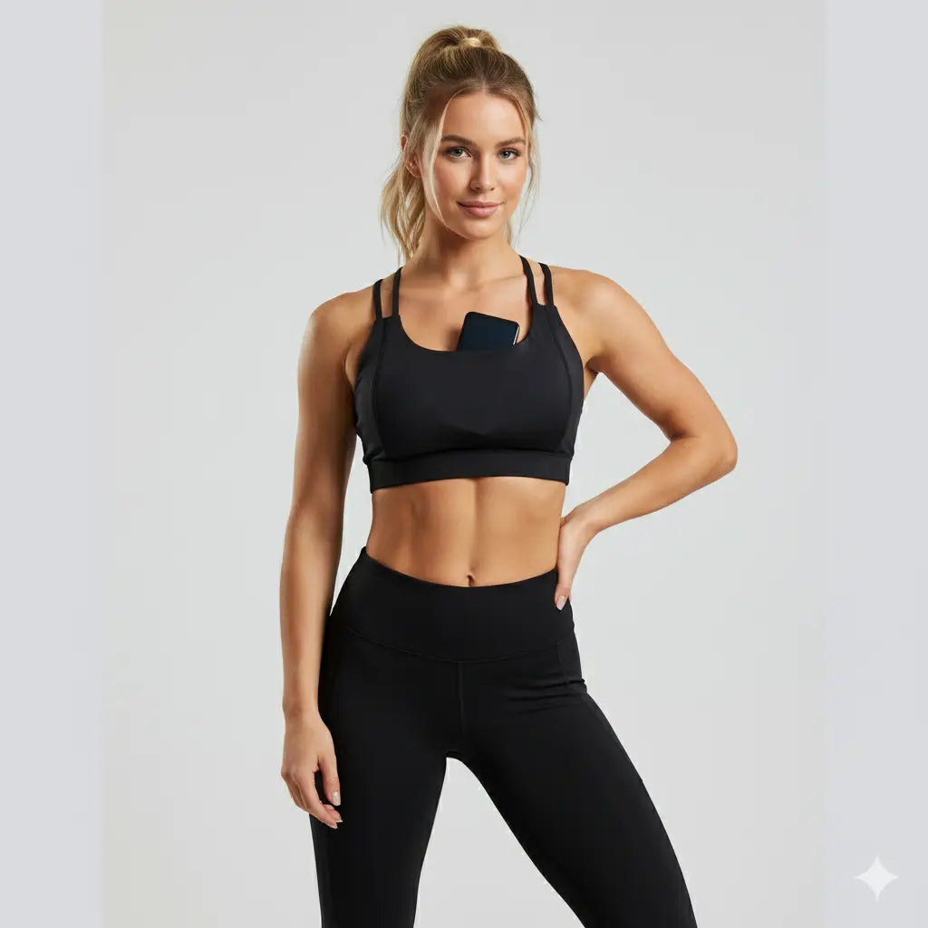 Women sport bra with front phone pocket athletic bra for swimmers skaters training by Lexinie Sport