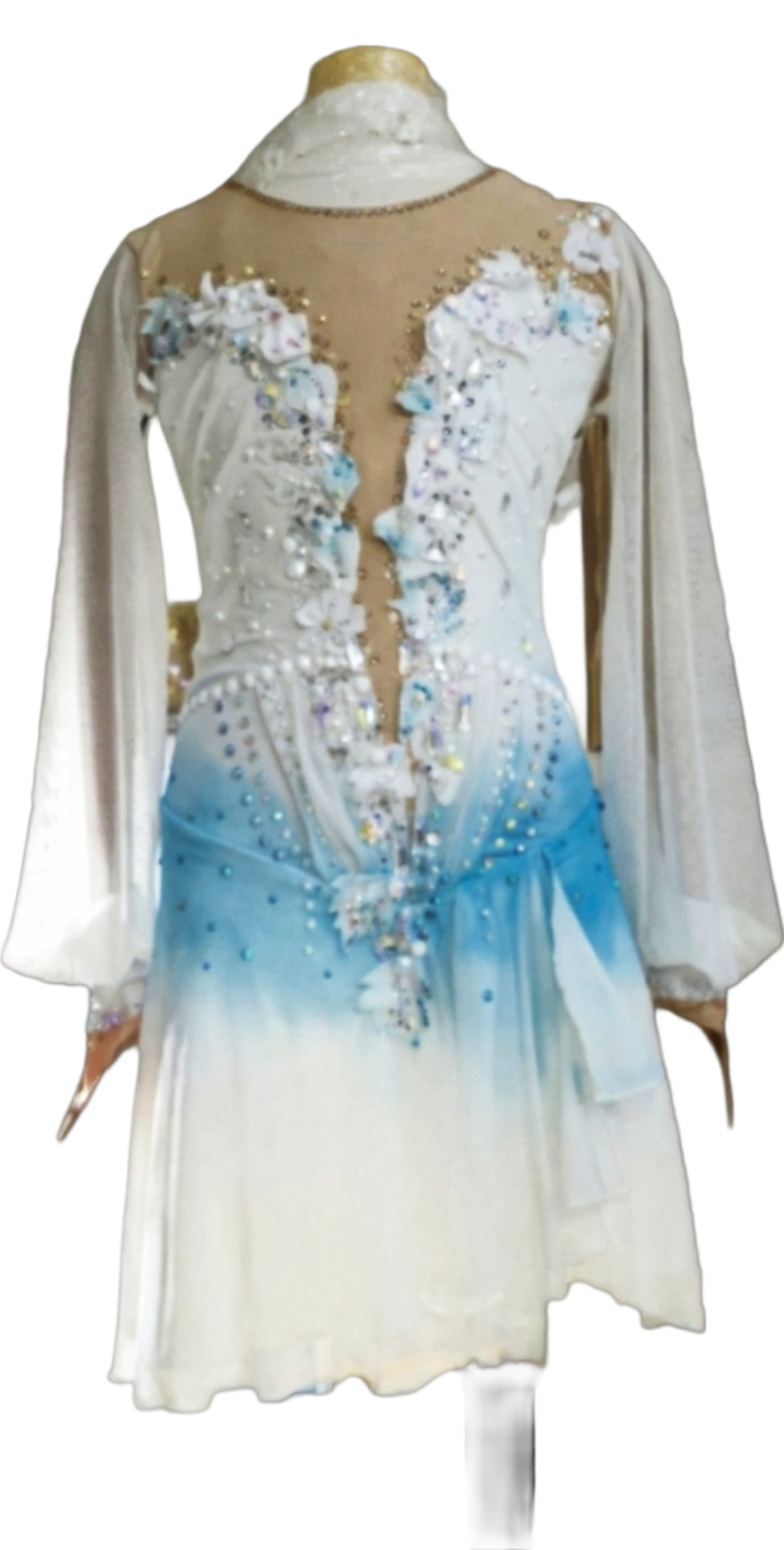 White and blue competition figure skating dress with Swarovski rhinestones — custom made by Lexinie Sport