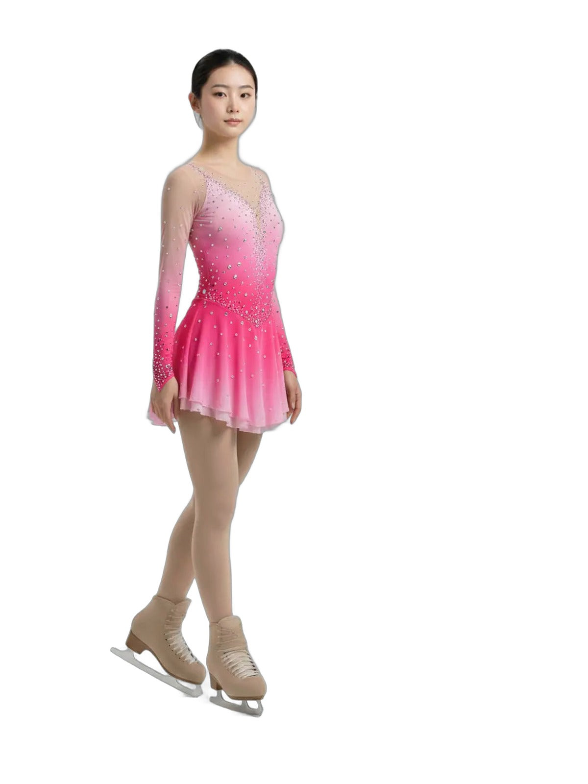 Bernice pink ombré rhinestone figure skating dress — front on model