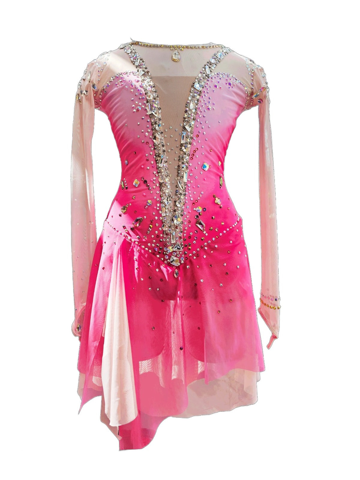 Bernice pink ombré rhinestone figure skating dress — front bodice detail