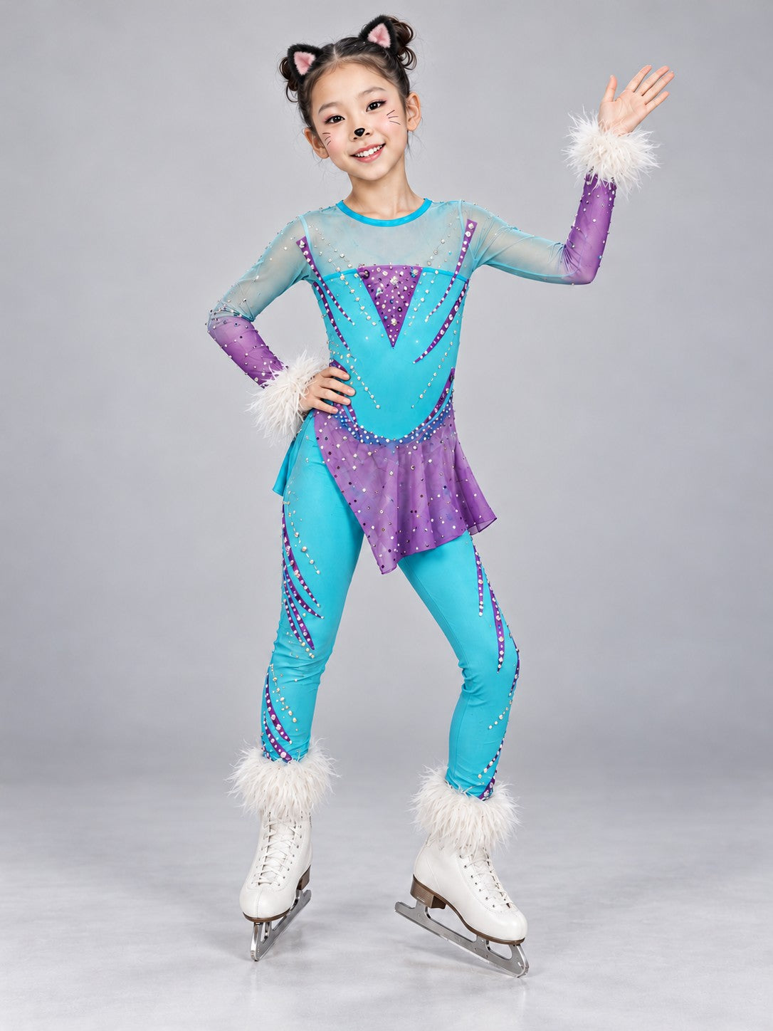 Girl in turquoise and purple cat figure skating costume with rhinestones, sheer mesh sleeves and white faux fur cuffs