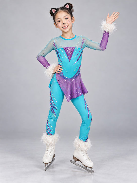 Girl in turquoise and purple cat figure skating costume with rhinestones, sheer mesh sleeves and white faux fur cuffs