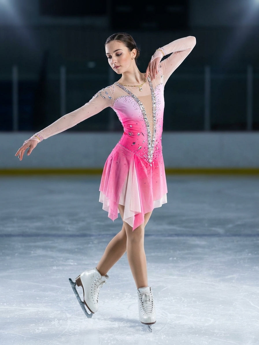 Bernice Pink rhinestone figure skating competition dress — Lexinie Sport
