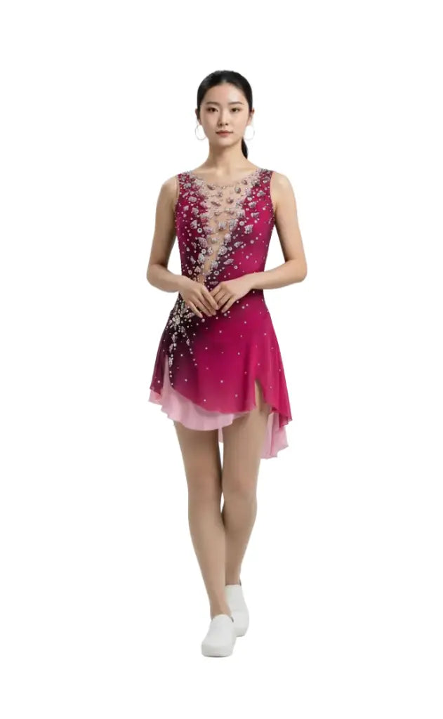 Fuchsia sleeveless figure skating dress rhinestone competition custom