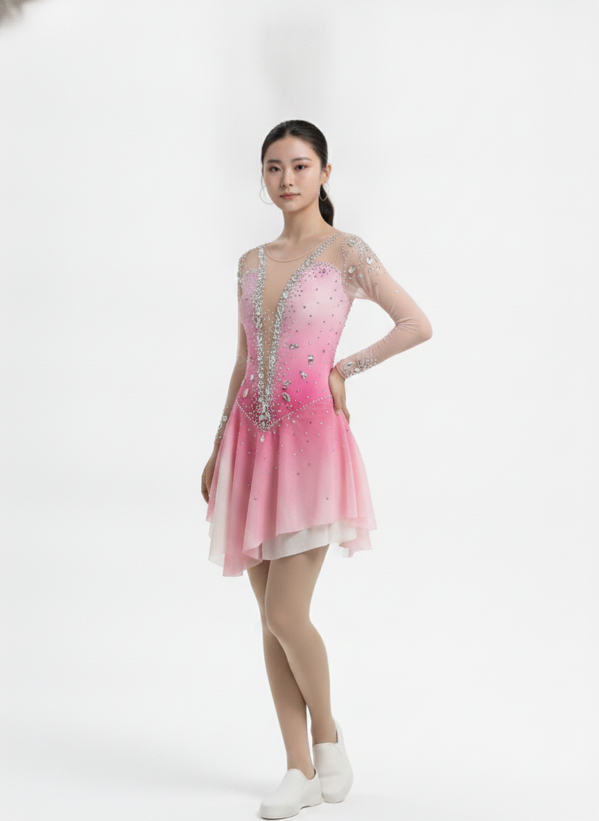 Pink Lotus figure skating dress three-quarter view — Lexinie Sport