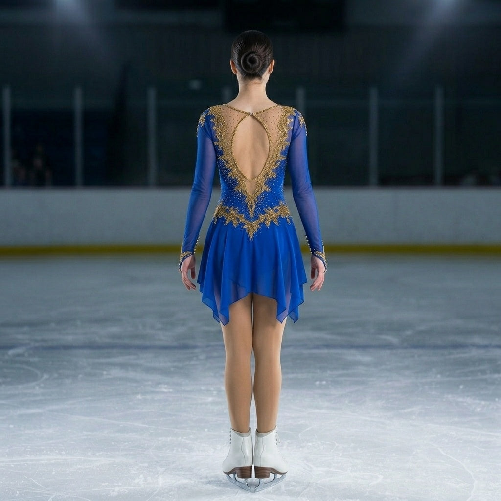 Royal blue figure skating dress back view - Lexinie Sport