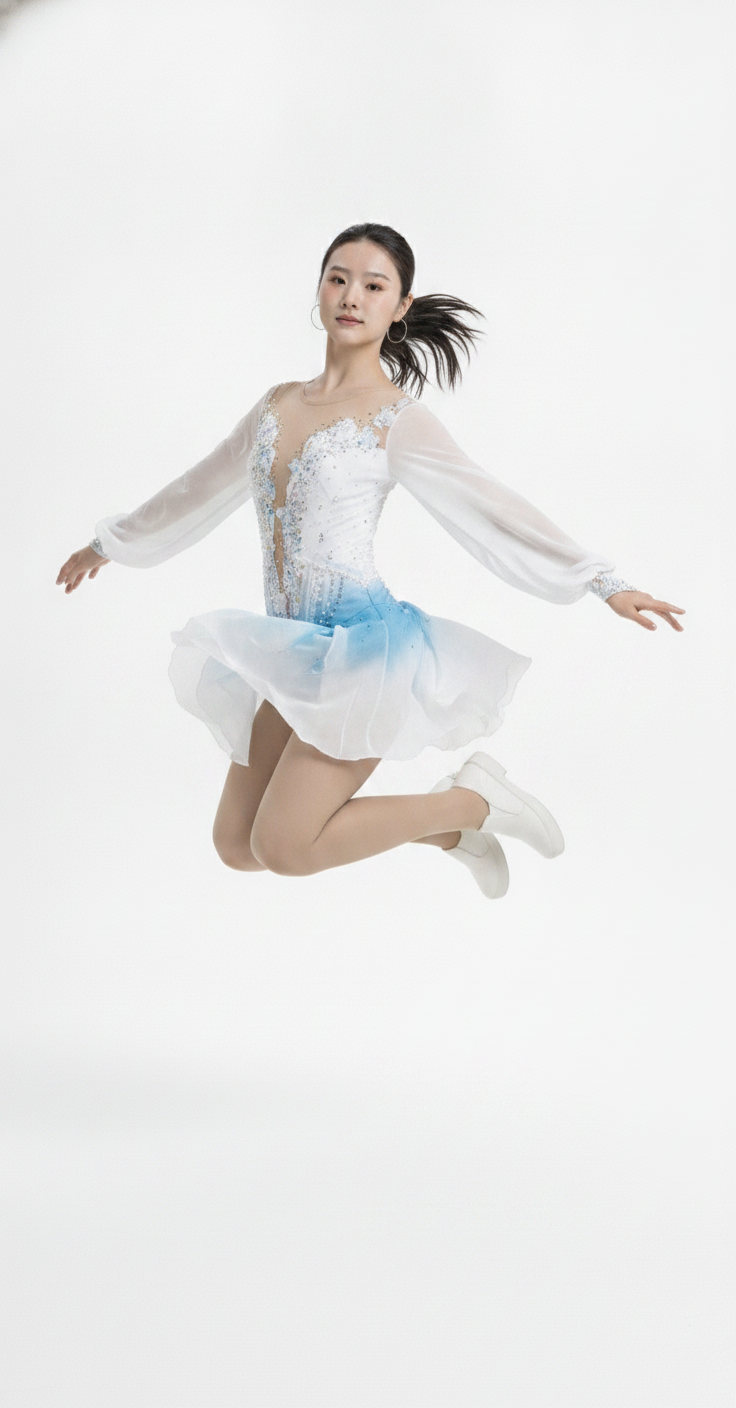 White Bernice figure skating dress jump pose — Lexinie Sport