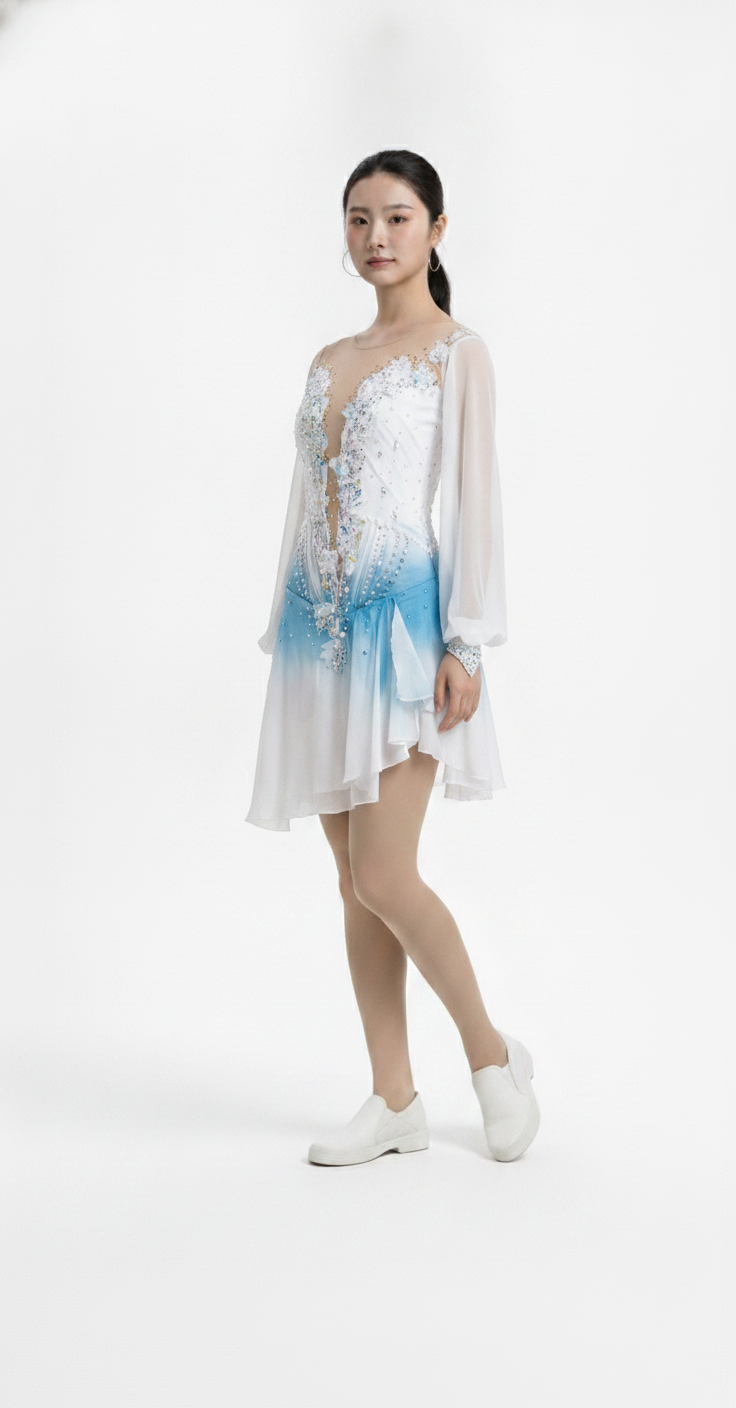 White Bernice figure skating dress three-quarter view — Lexinie Sport