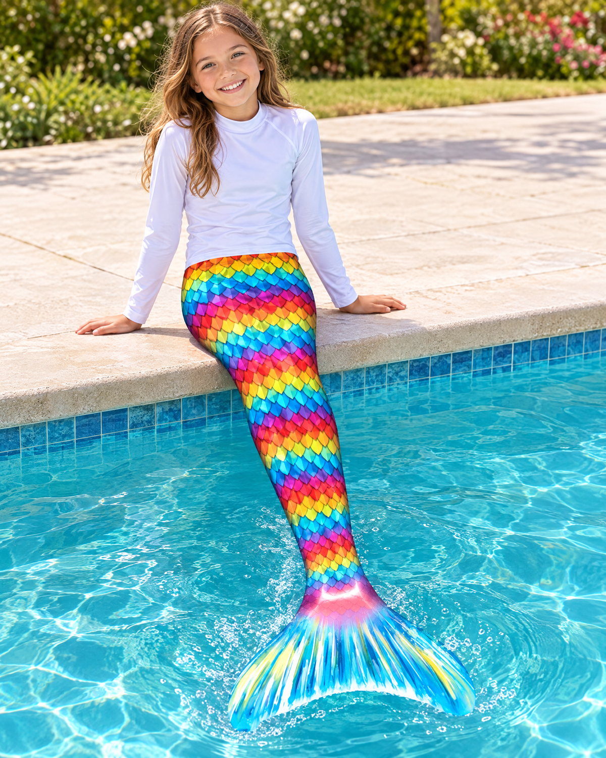 Girl wearing the Lexinie Rainbow Raven Mermaid Tail Set with monofin, sitting at the edge of a swimming pool