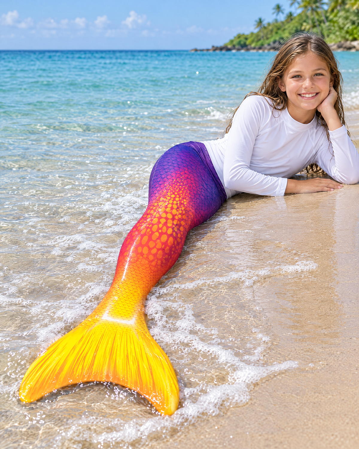 Girl wearing the Lexinie Ruby Sunshine Mermaid Tail Set with monofin, lying on the sand at the beach