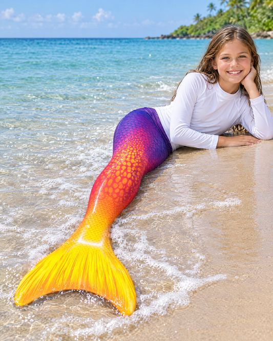 Girl wearing the Lexinie Ruby Sunshine Mermaid Tail Set with monofin, lying on the sand at the beach