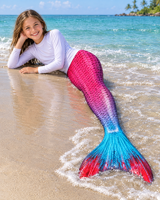 Girl wearing the Lexinie Fruit Punch Mermaid Tail Set with monofin, lying on the sand at the beach