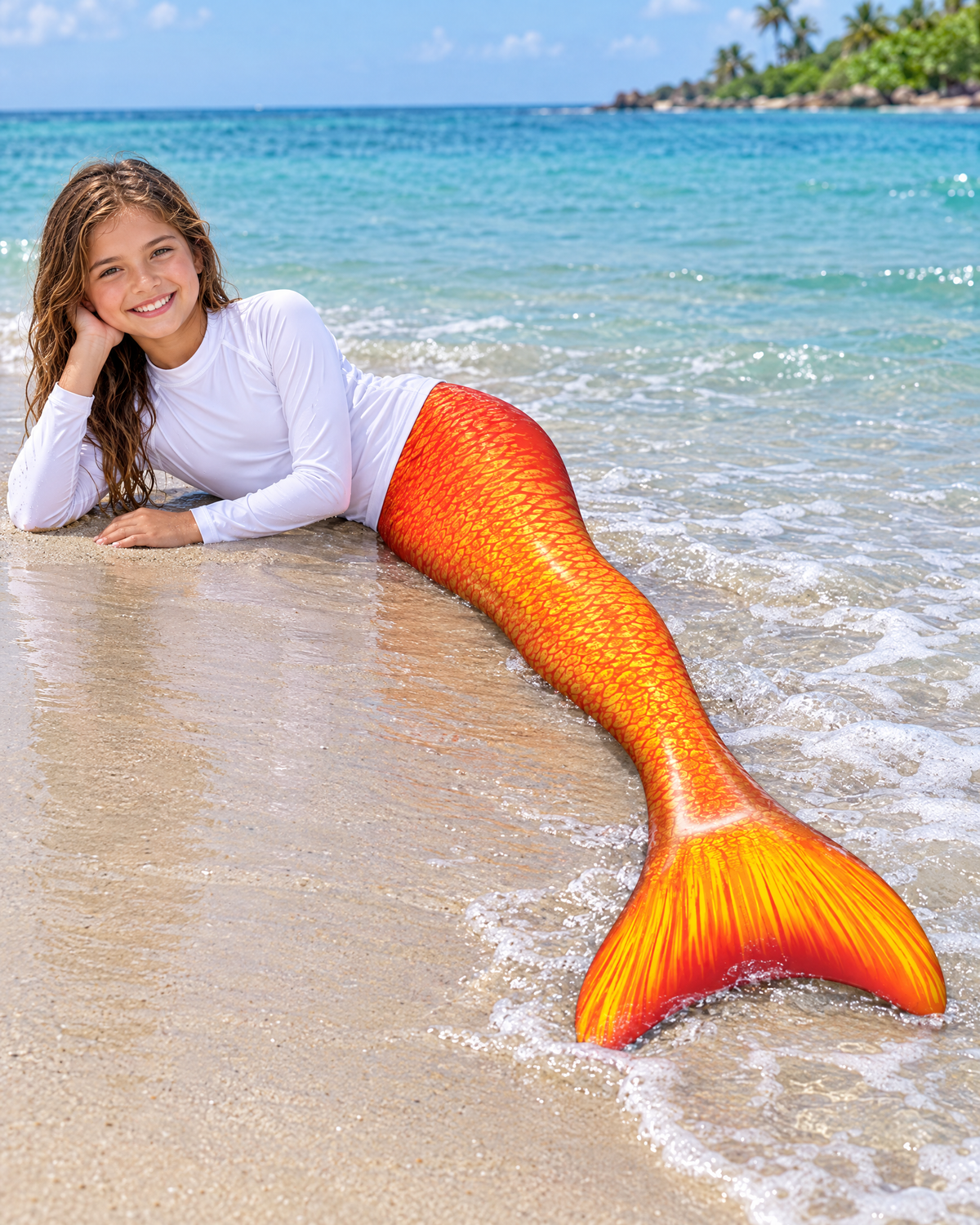 Girl wearing the Lexinie Sunset Mermaid Tail Set with monofin, lying on the sand at the beach