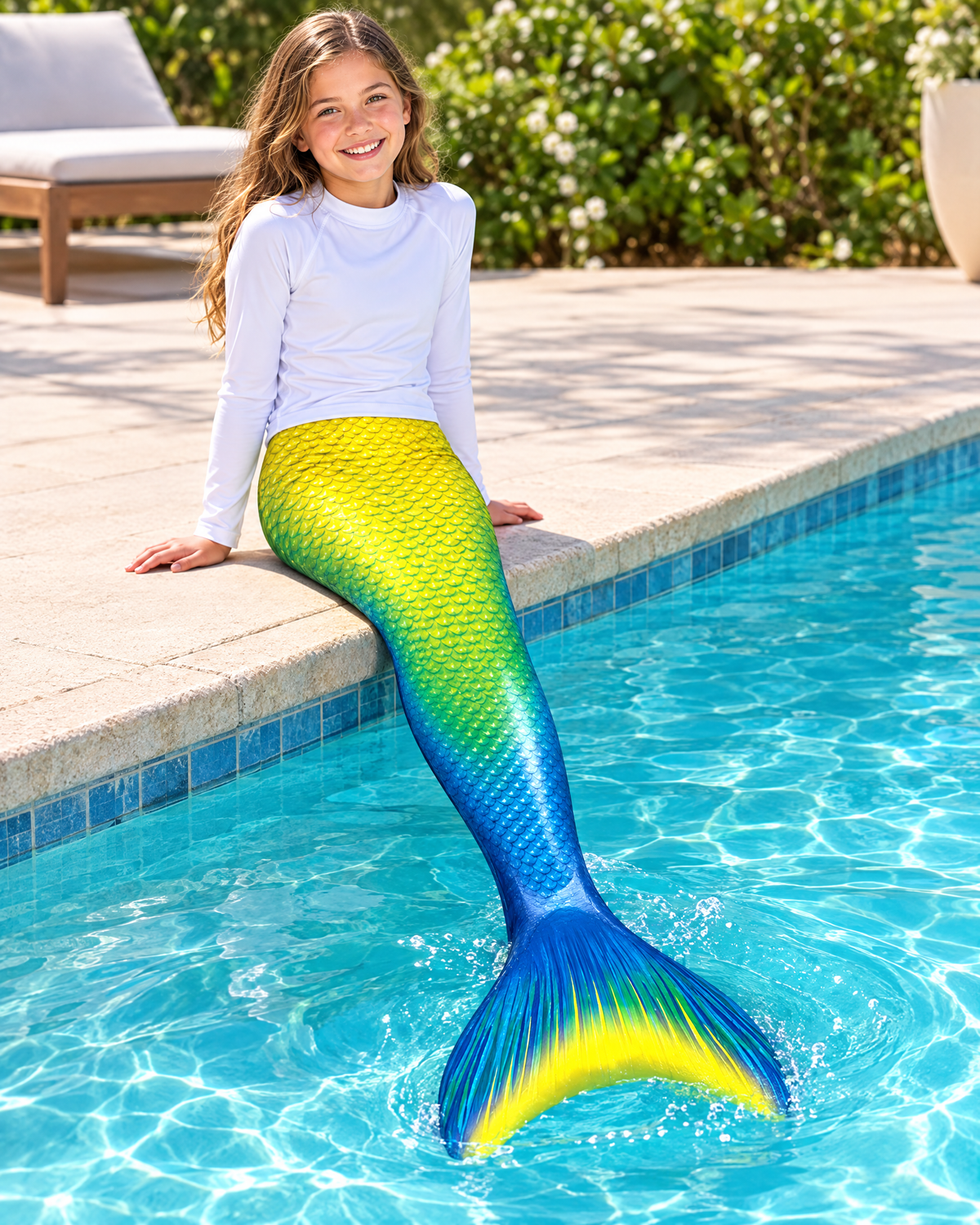 Girl wearing the Lexinie Blue Sand Mermaid Tail Set with monofin, sitting at the edge of a swimming pool