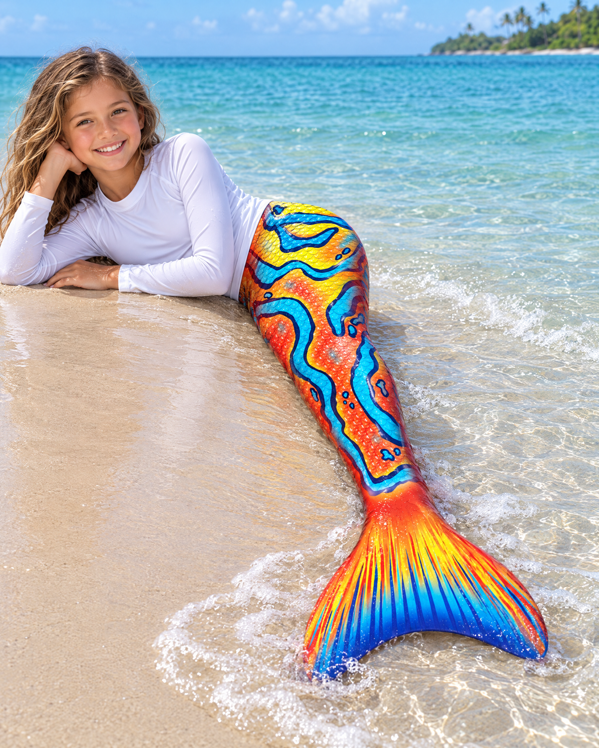 Girl wearing the Lexinie Special Edition Mermaid Tail Set with monofin, lying on the sand at the beach