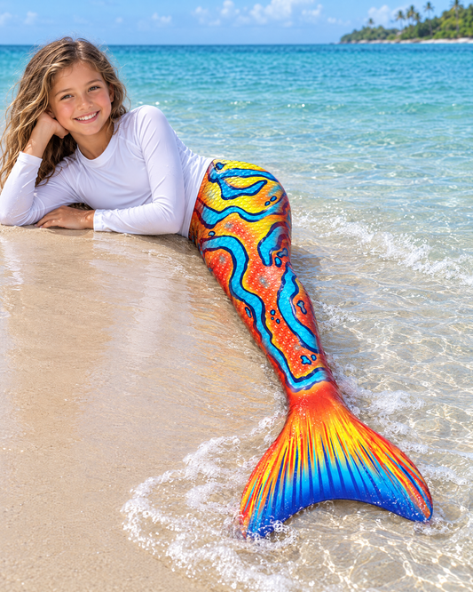 Girl wearing the Lexinie Special Edition Mermaid Tail Set with monofin, lying on the sand at the beach