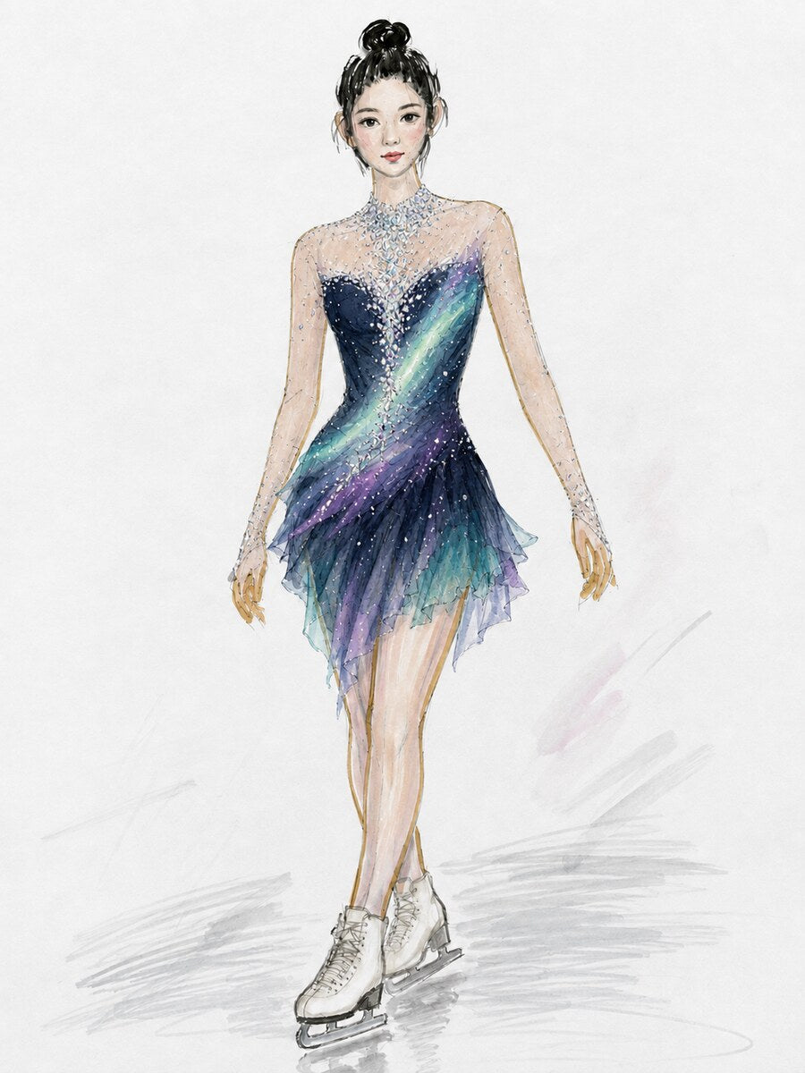 Aurora ombre crystal figure skating competition dress design concept, variation 1 — Lexinie Sport
