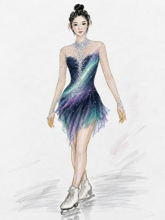 Aurora ombre crystal figure skating competition dress design concept, variation 1 — Lexinie Sport