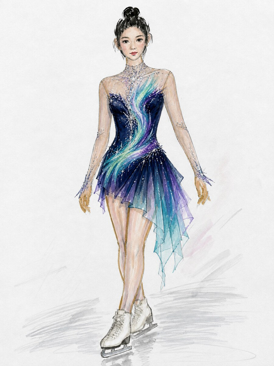 Aurora ombre crystal figure skating competition dress design concept, variation 2 — Lexinie Sport