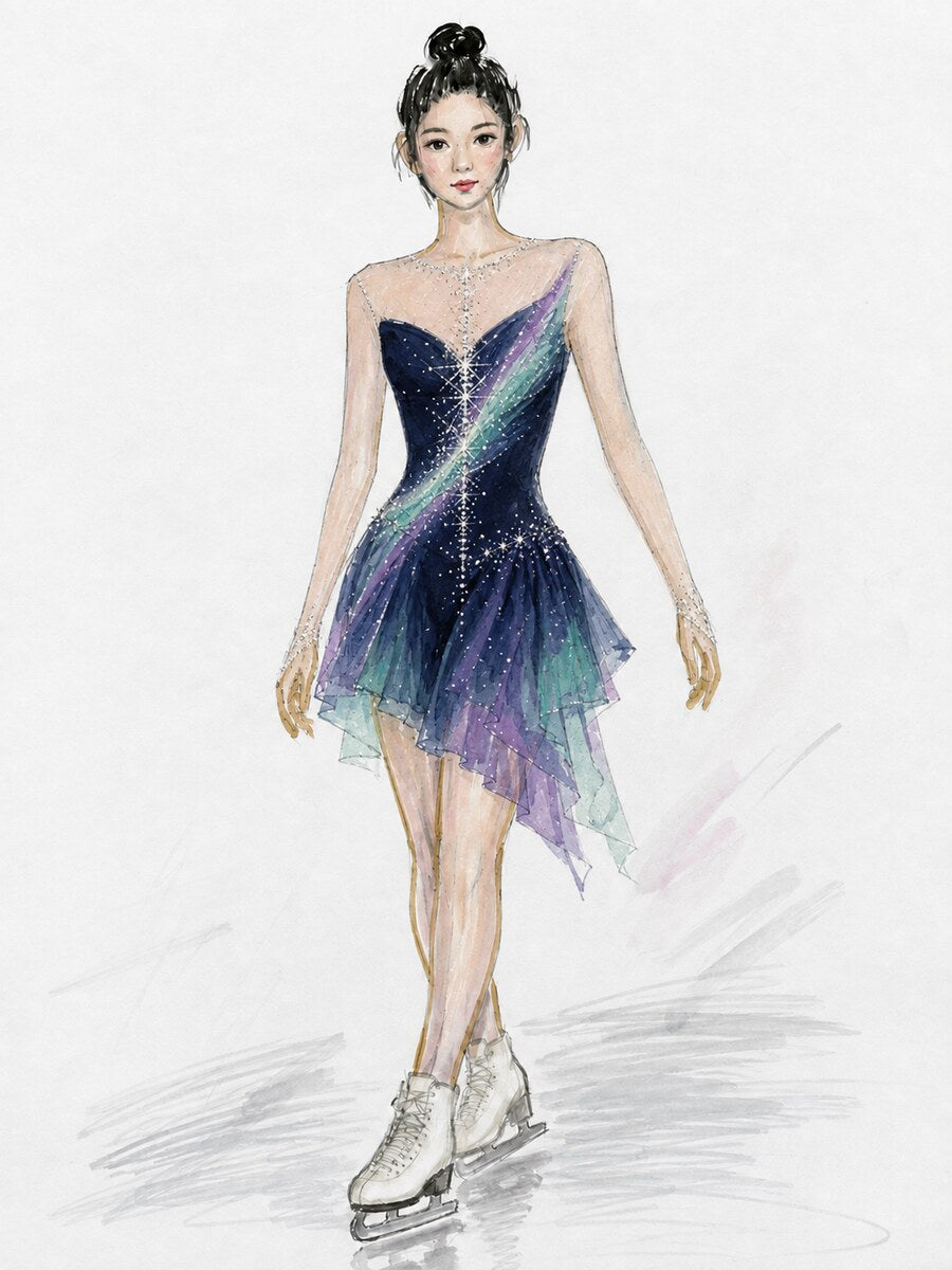 Aurora ombre crystal figure skating competition dress design concept, variation 3 — Lexinie Sport