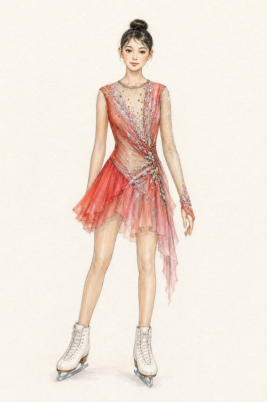 Coral beaded figure skating competition dress design concept — Lexinie Sport