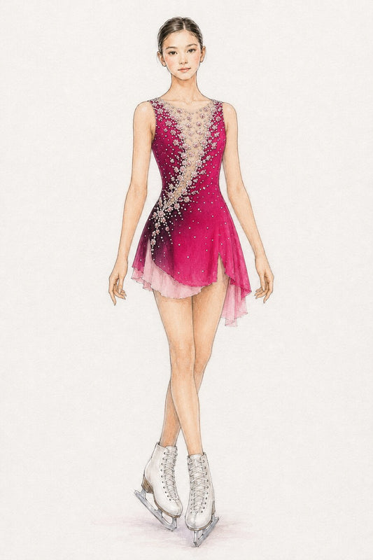 Magenta ombre floral crystal figure skating competition dress design concept — Lexinie Sport