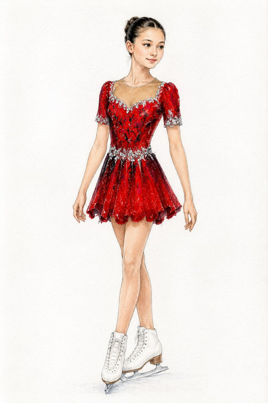 Red rhinestone figure skating competition dress design concept — Lexinie Sport